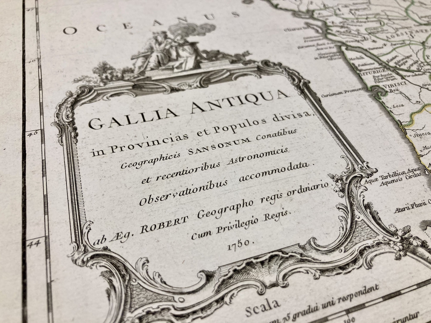 Cartouche de la carte ancienne de la Gaule antique par Sanson et Vaugondy