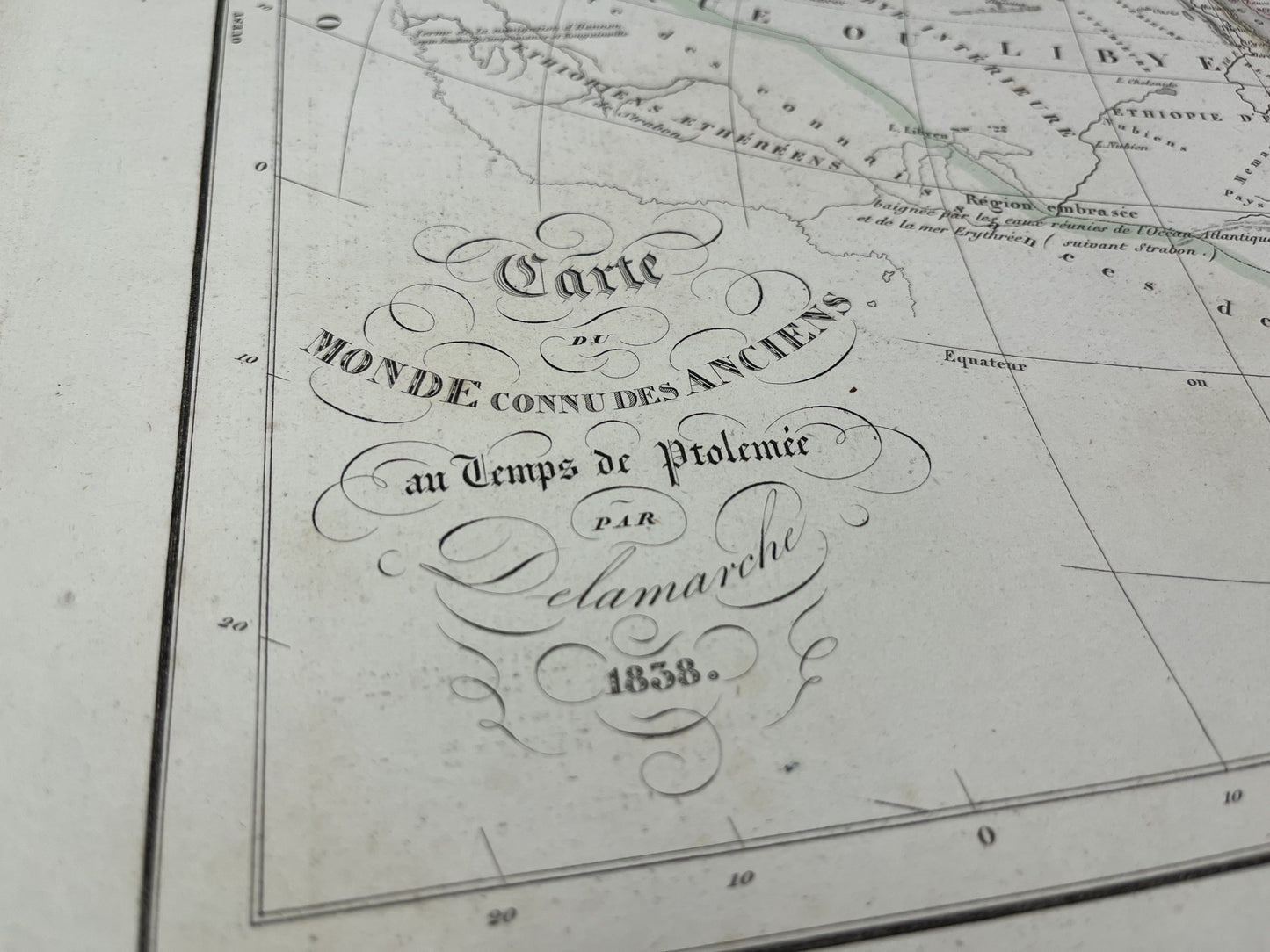 Cartouche de la carte ancienne du monde connu des anciens par F. Delamarche