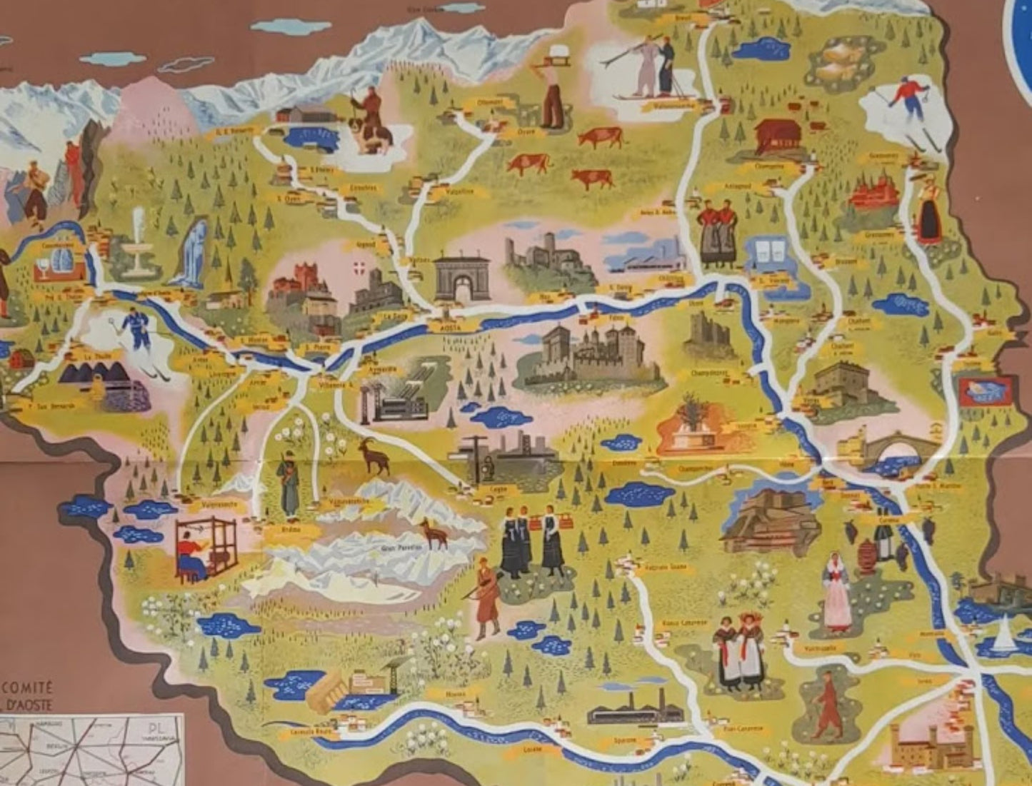 Détail du plan de la Vallée d'Aoste, montrant des illustrations de skieurs, de vaches, de châteaux, et des scènes de la vie pastorale dans un paysage de montagnes et de forêts.