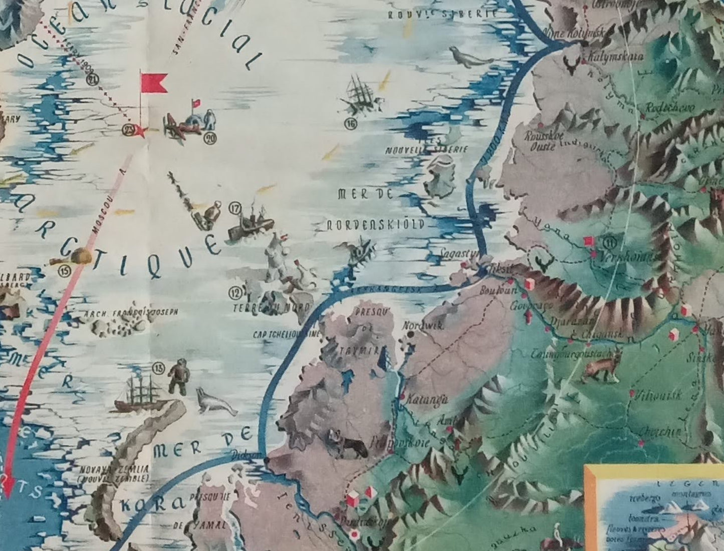 Détail de la partie est de la carte, incluant la Mer de Nordenskiold, la Terre du Nord, la Sibérie et des illustrations de la faune et des navires.