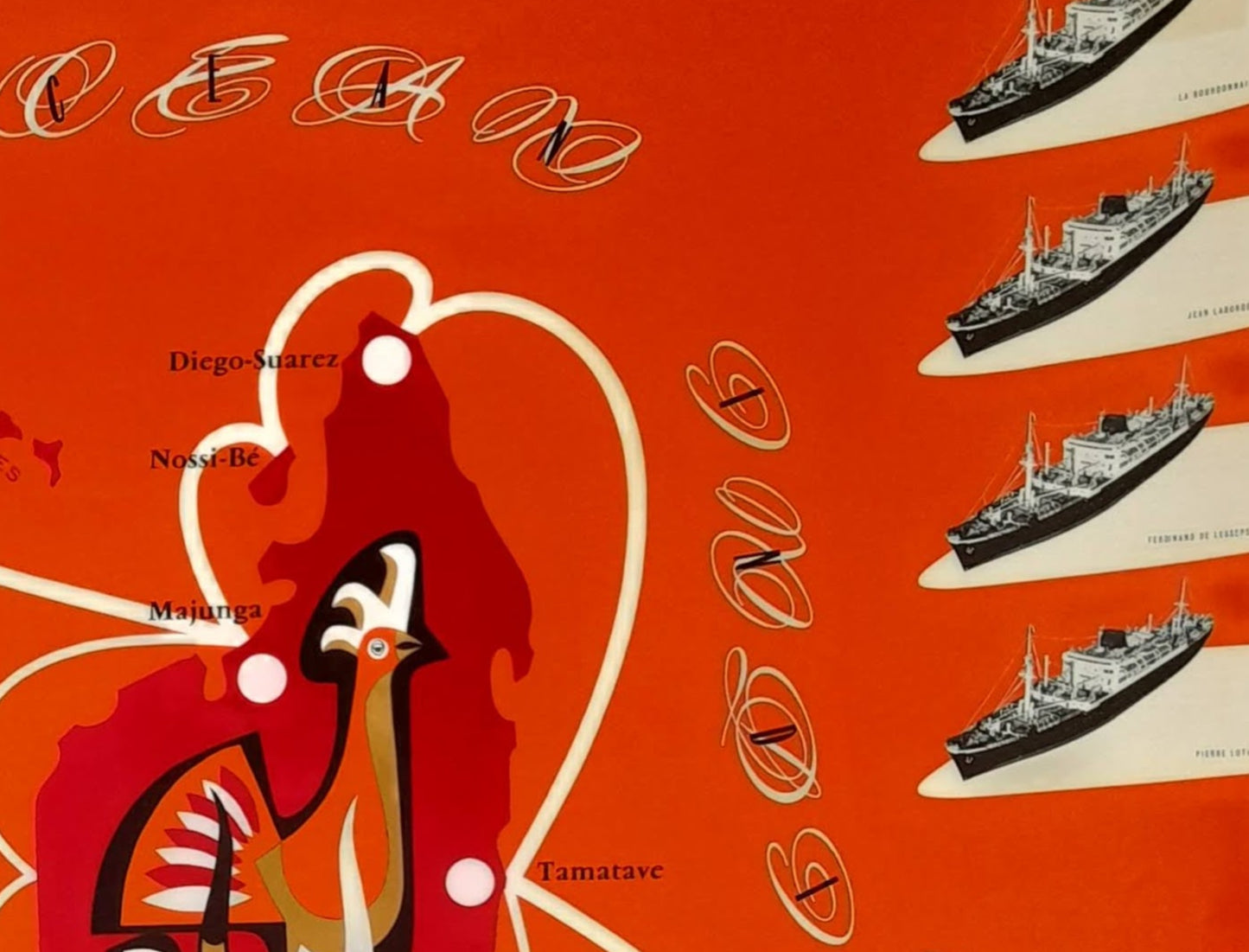 Détail du côté droit de l'affiche montrant l'inscription "OCEAN INDIEN" en lettres cursives élégantes et une colonne de quatre navires de la compagnie naviguant vers la droite.