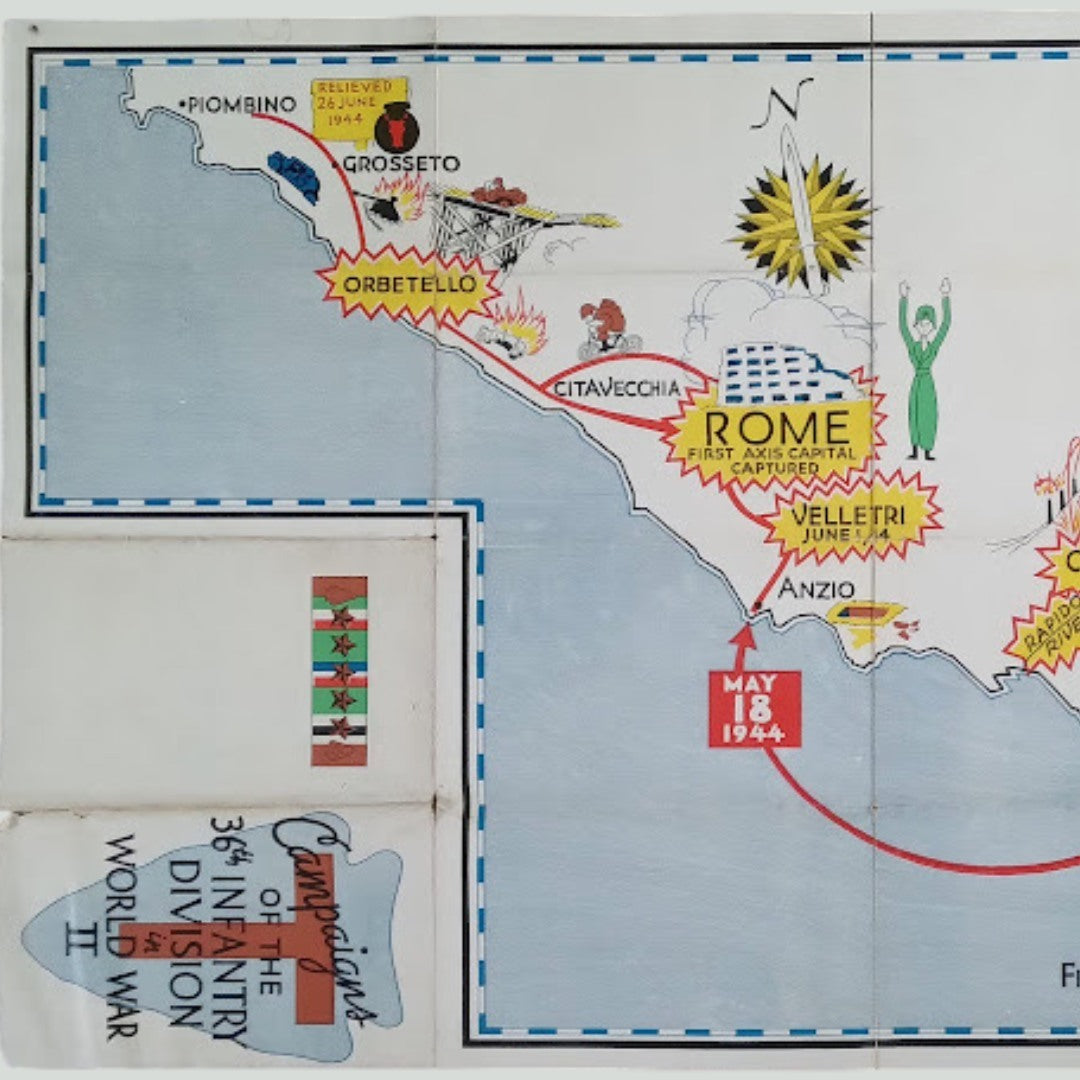 Gros plan sur la partie gauche d'une carte illustrée des campagnes militaires en Italie. On y voit des villes comme Piombino, Grosseto, Orbetello, Civitavecchia et Rome, avec le tracé rouge des opérations. L'insigne de la 36e division d'infanterie américaine et le titre "Campaigns of the 36th Infantry Division World War II" sont visibles en bas à gauche.