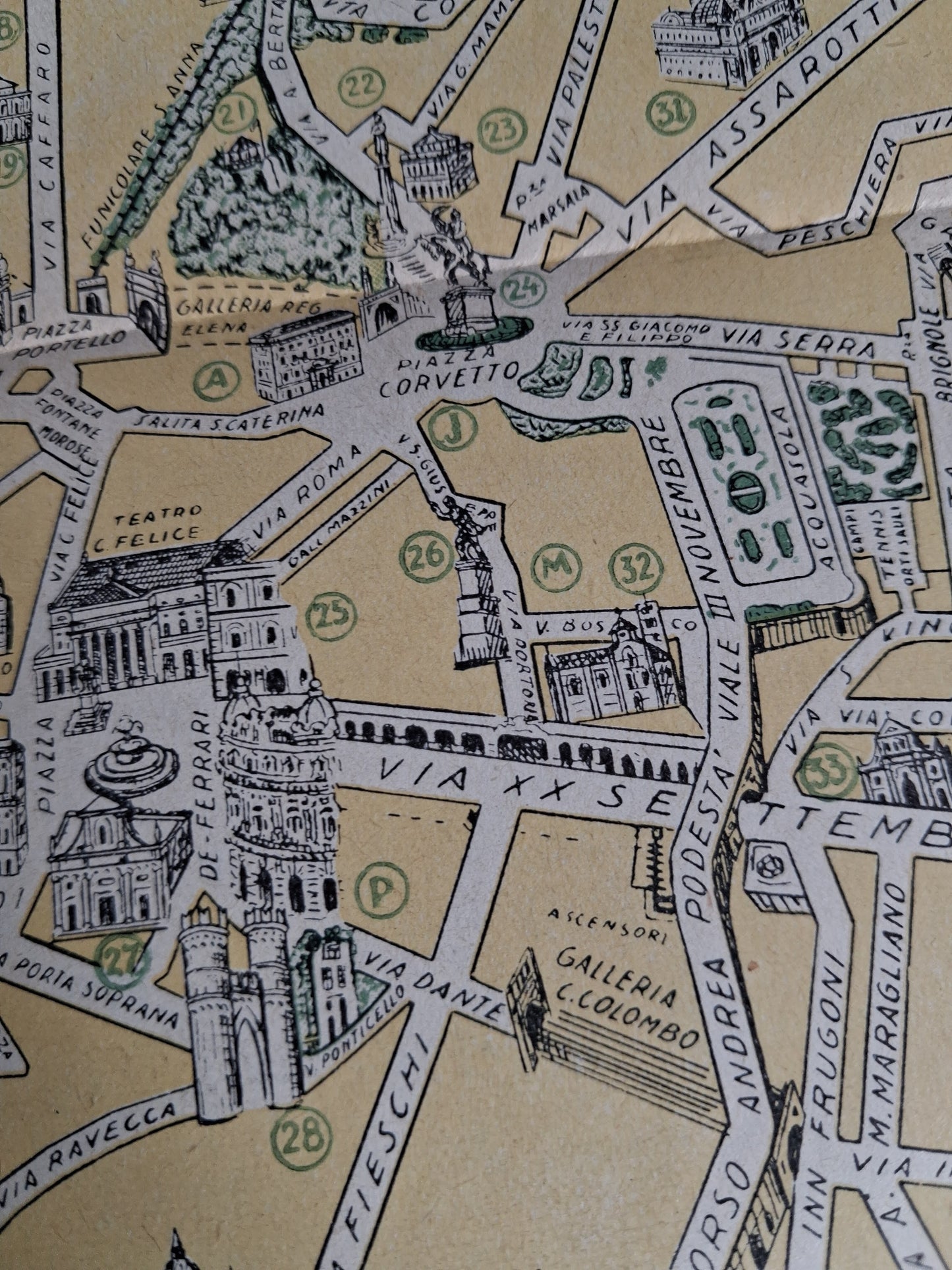 Détail du centre-ville, notamment la zone de Piazza de Ferrari et Via XX Settembre, montrant le style de dessin des bâtiments.