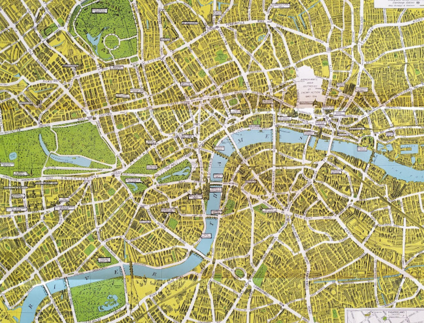 Vue large de la partie centrale du plan illustrant la courbure de la Tamise et les grands parcs londoniens.