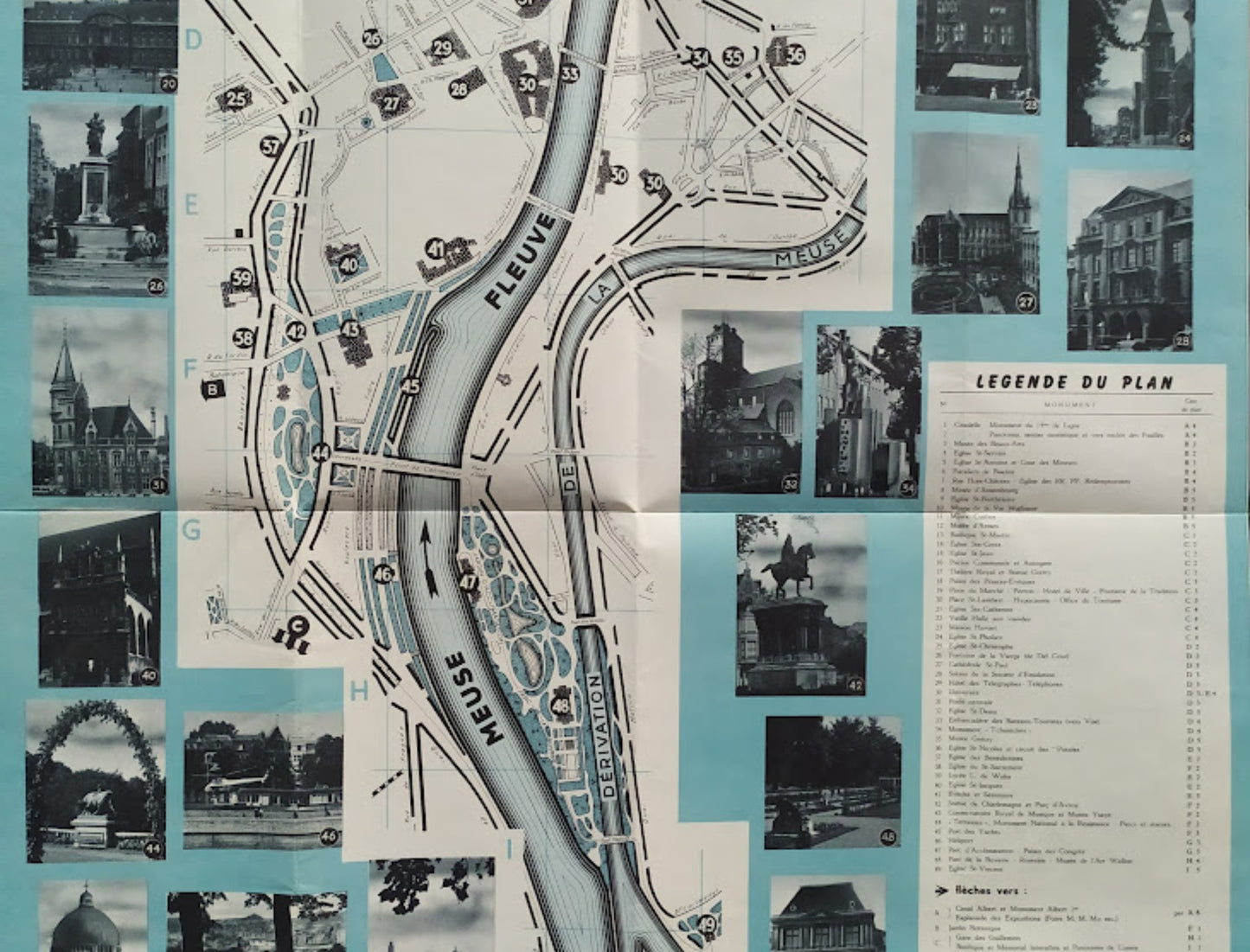 Zoom sur la partie inférieure du plan incluant la légende numérotée, la dérivation de la Meuse et des clichés de parcs et statues.