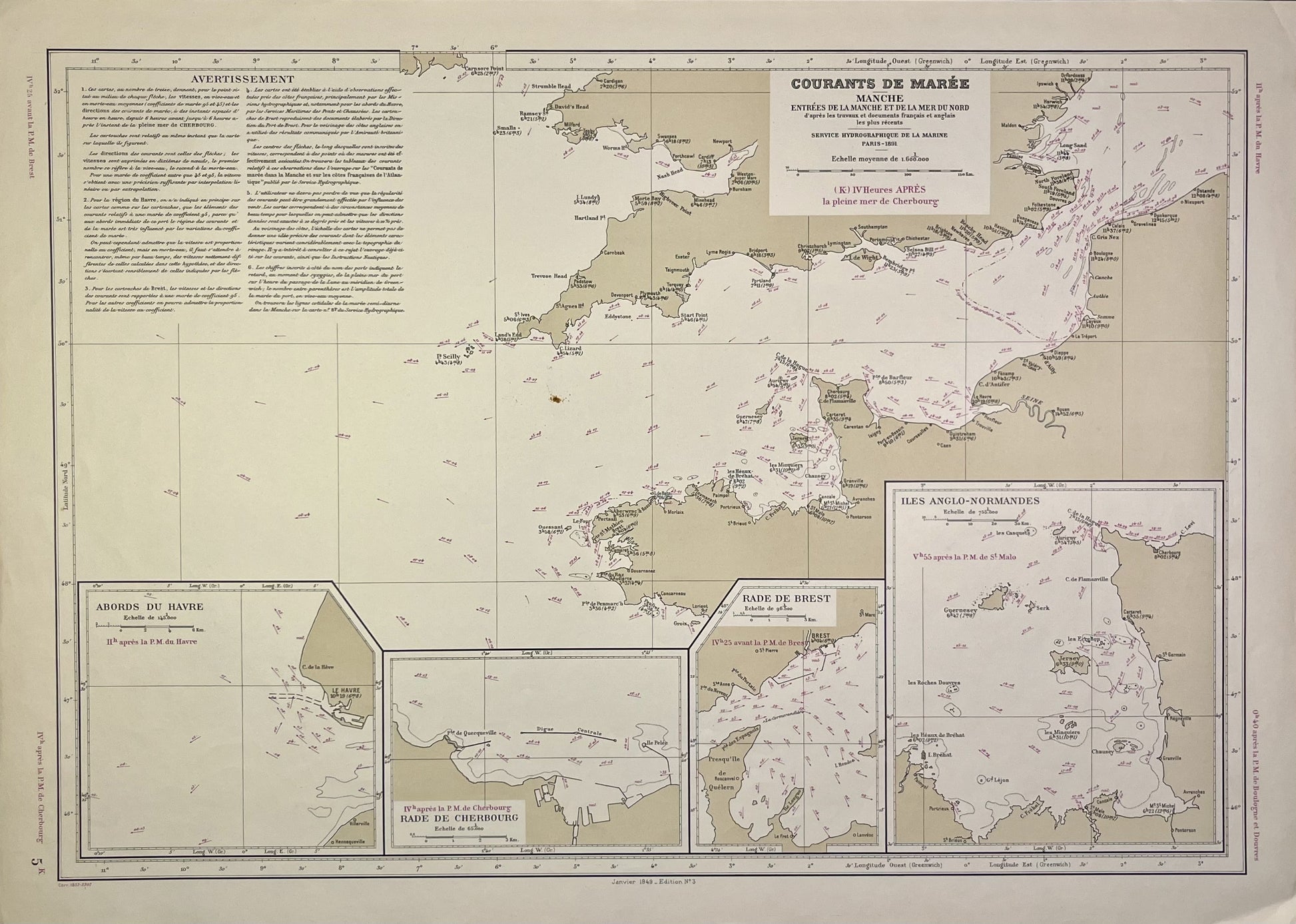 Achat carte ancienne courants de maree Manche