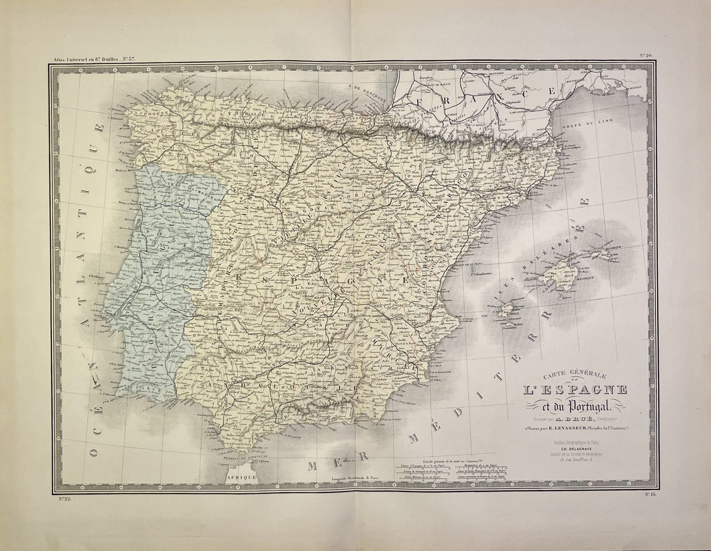Achat carte geographique ancienne Portugal Espagne