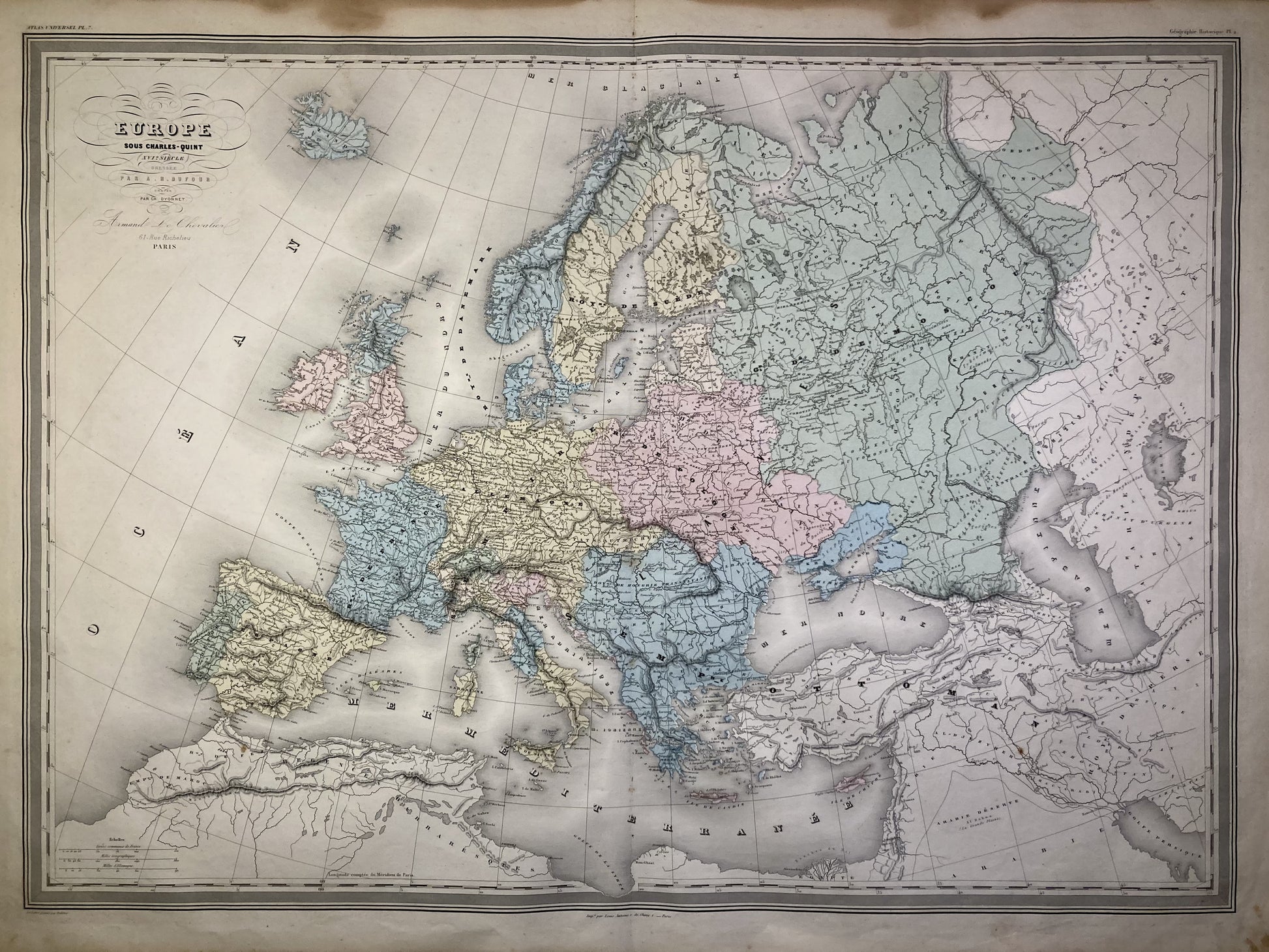 Carte ancienne de l'Europe sous Charles Quint par A.H. Dufour