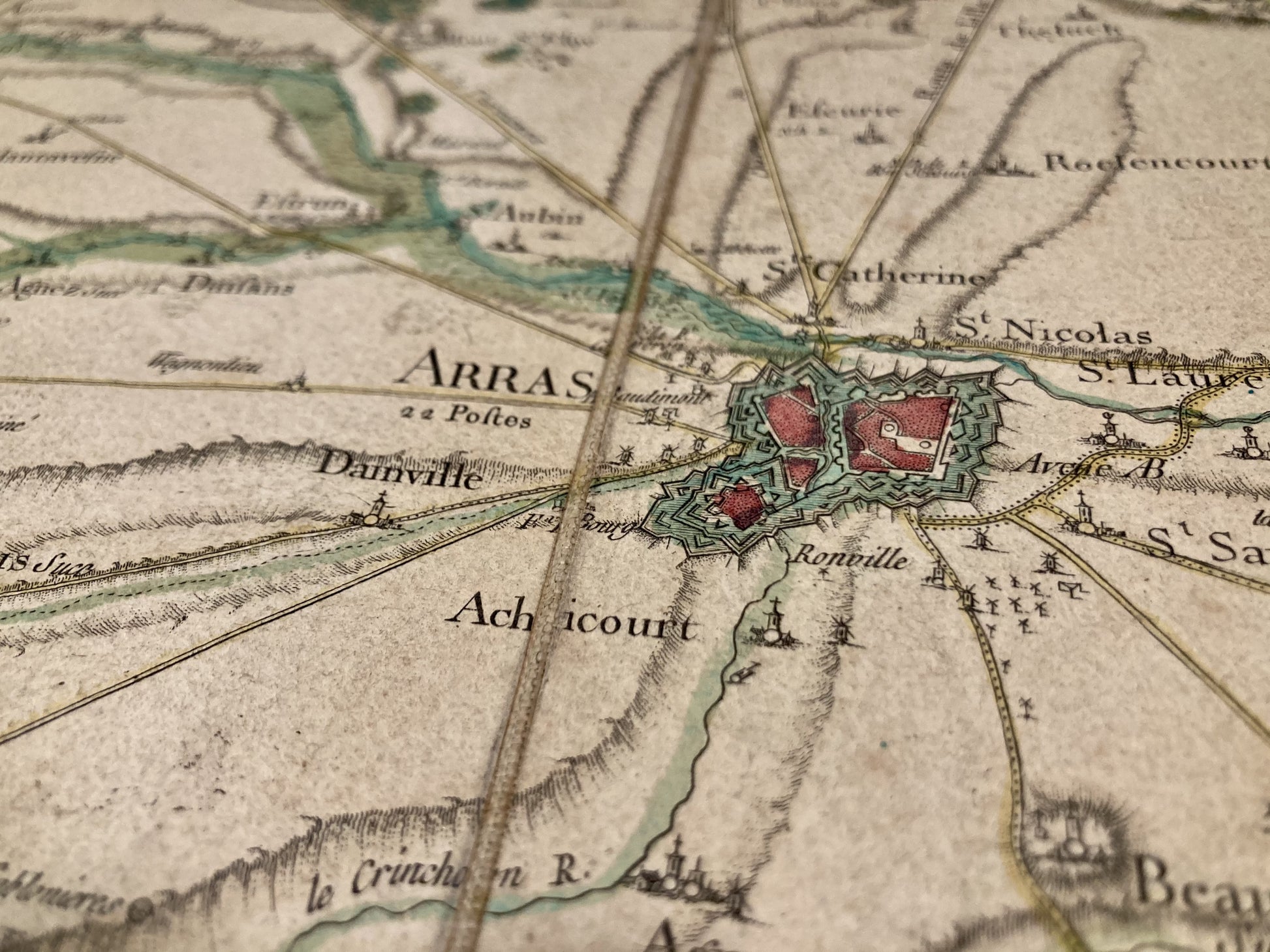 Détail de la carte de Cassini colorée d'Arras et Abbeville