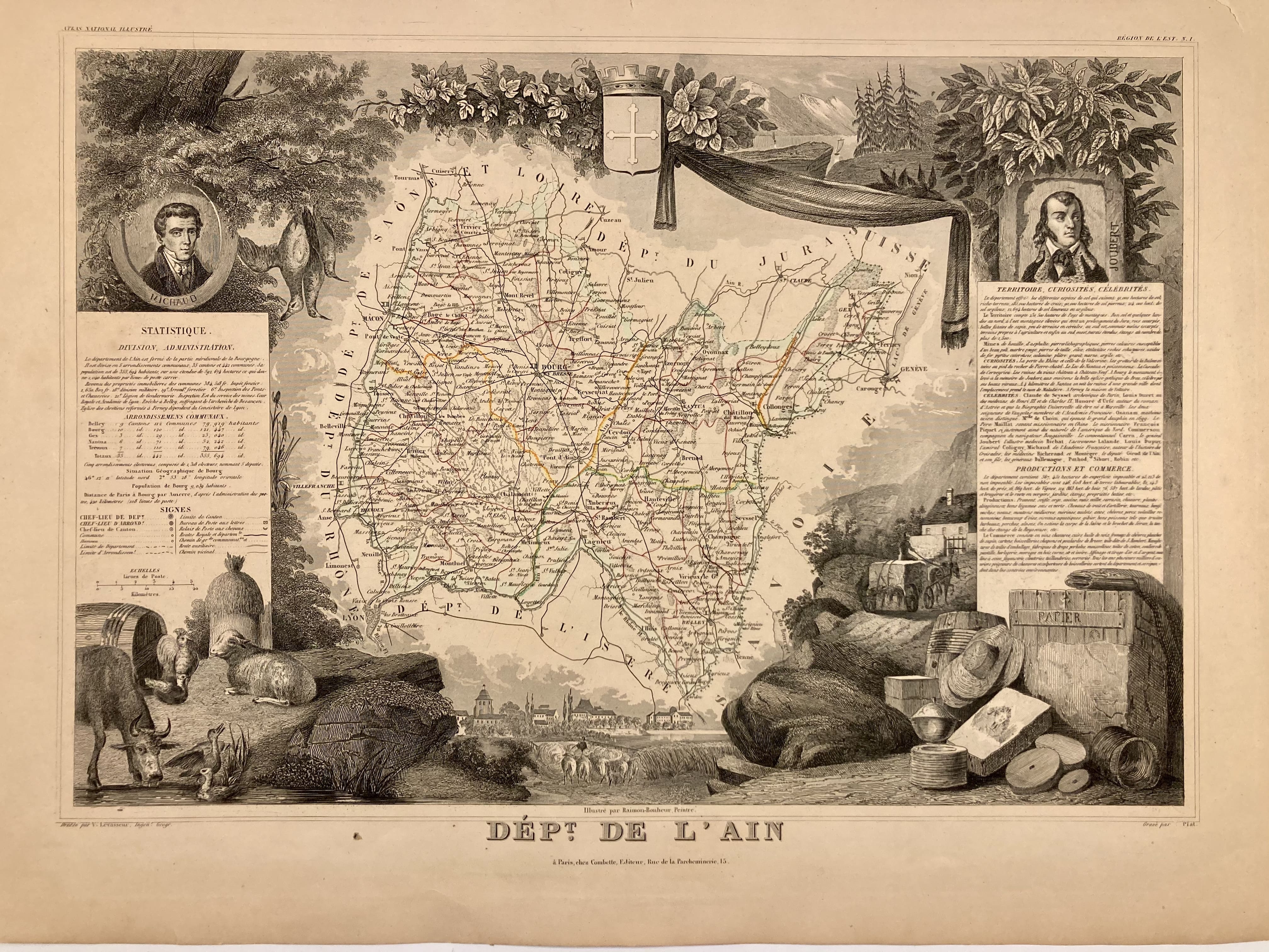 Carte Géographique Ancienne Du Département De L'Ain - 1854 - Authentique, Format 42.5x29 Cm - Avec Certificat