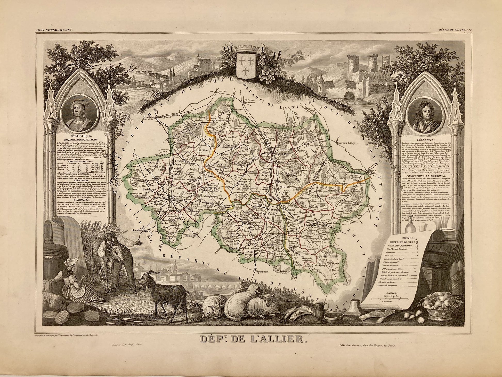 Carte ancienne illustrée de l'Allier