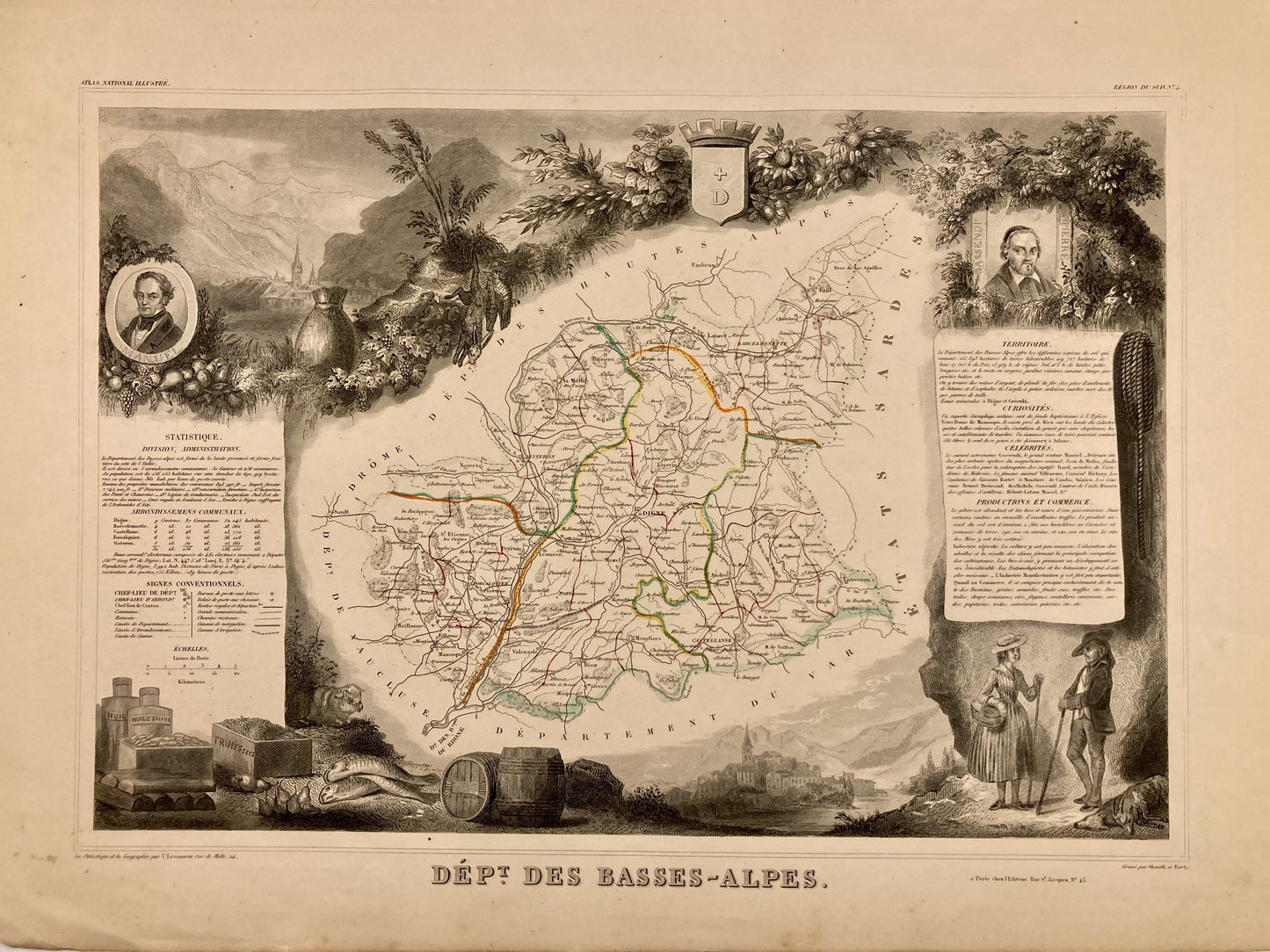 Carte ancienne illustrée des Alpes-de-Haute-Provence