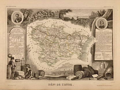 Carte ancienne illustrée de l'Aude