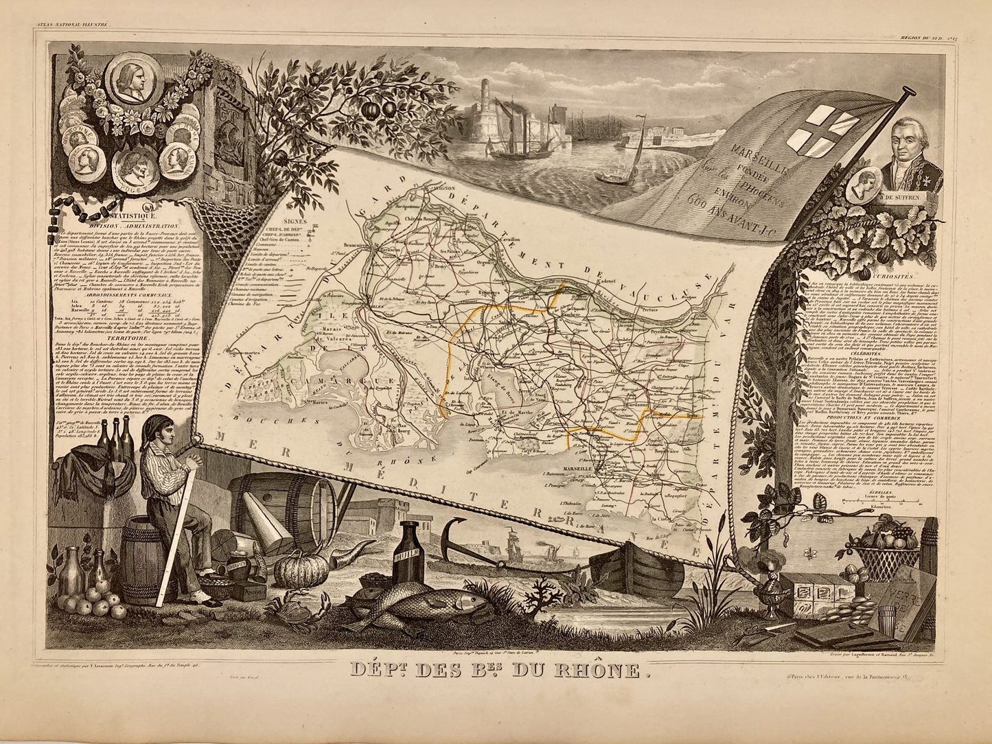 Carte ancienne illustrée des Bouches-du-Rhône