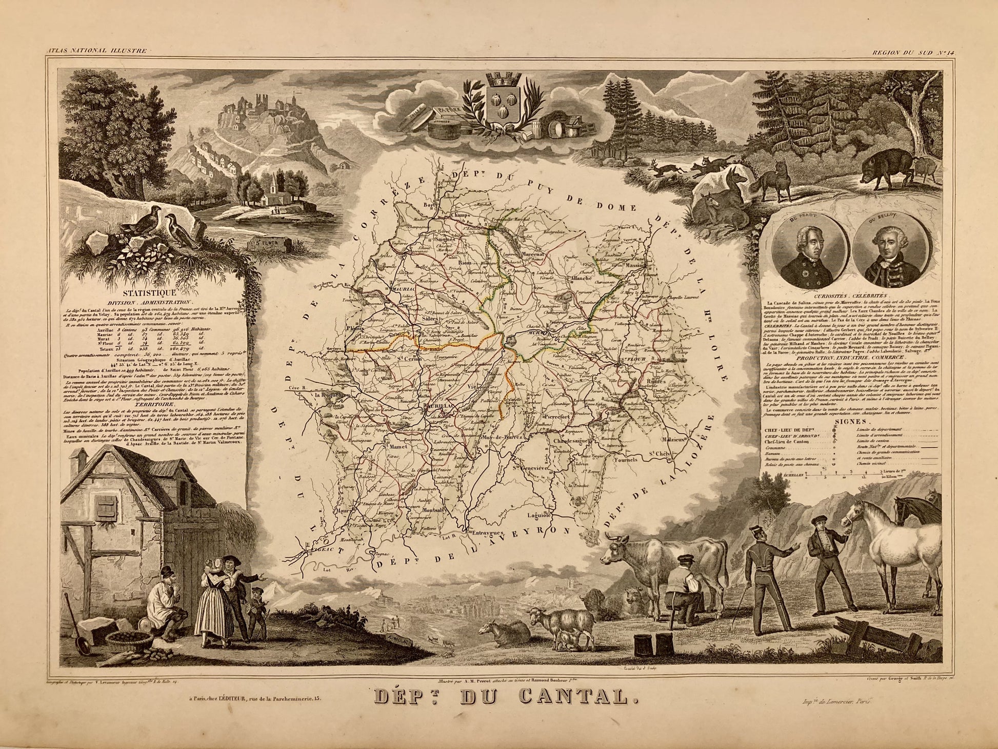 Carte ancienne illustrée du Cantal