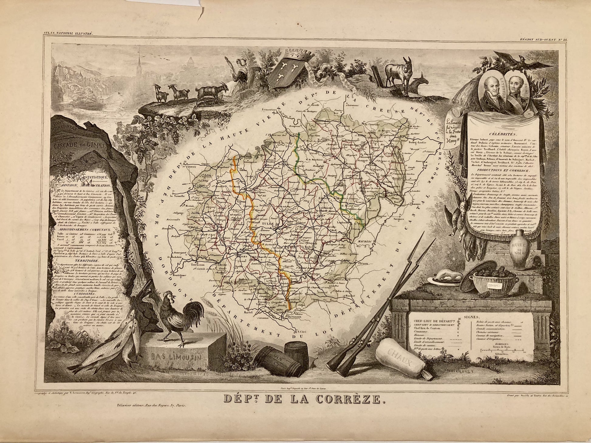 Carte ancienne illustrée de la Corrèze