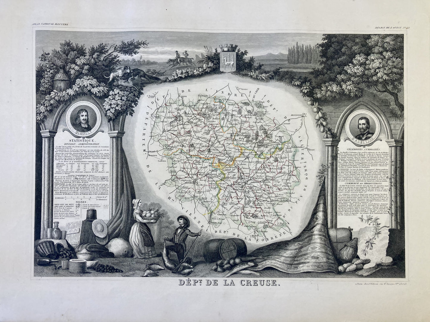 Carte ancienne illustrée de la Creuse