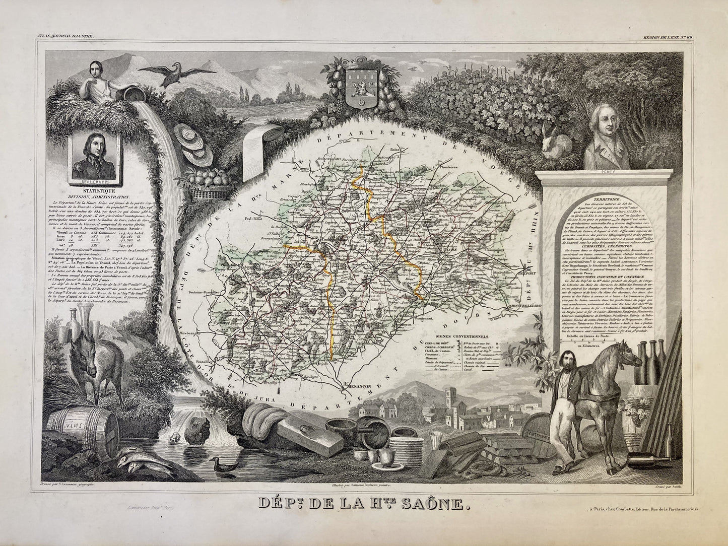 Carte ancienne illustrée de la Haute-Saône