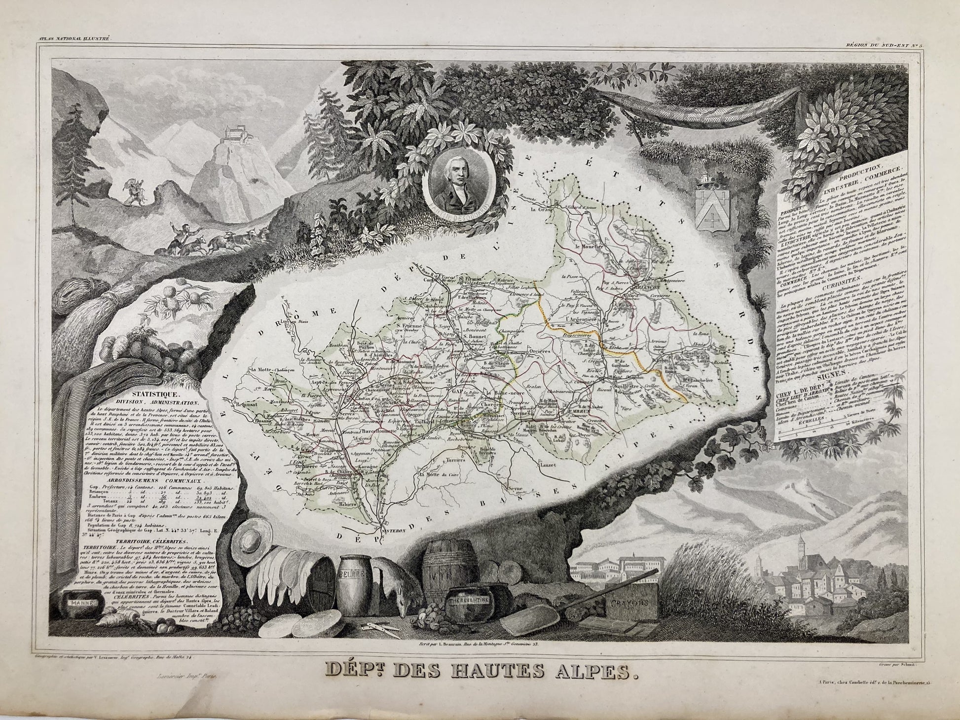 Carte ancienne illustrée des Hautes-Alpes