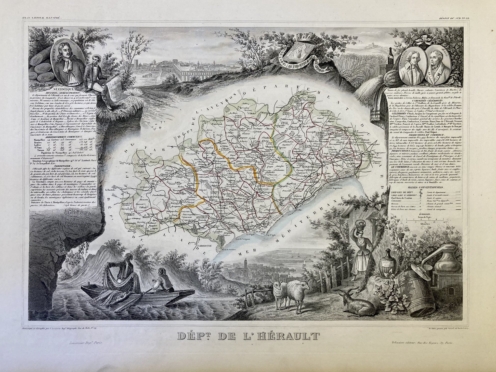 Carte ancienne illustrée de l'Hérault
