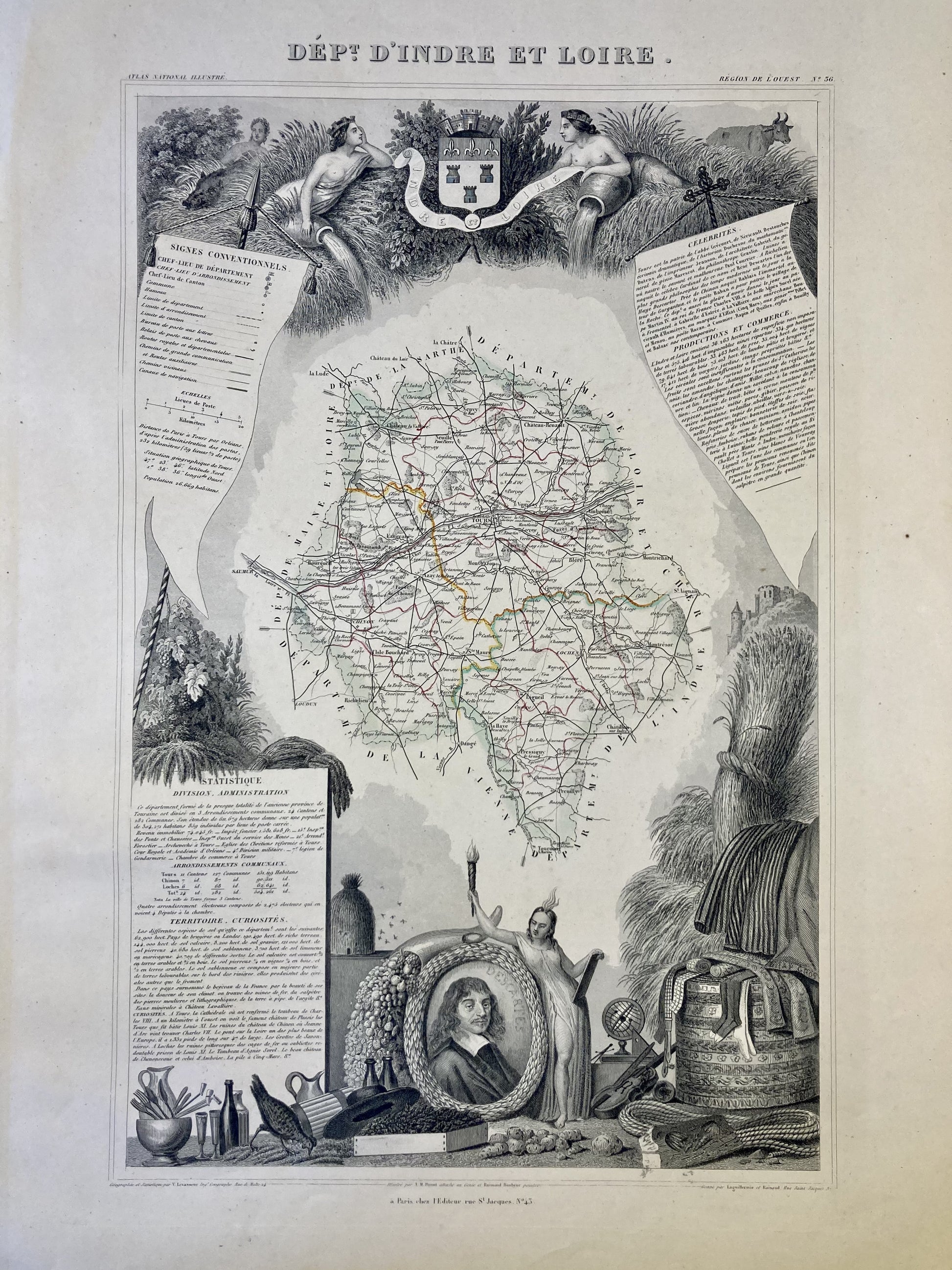 Carte ancienne illustrée de l'Indre-et-Loire
