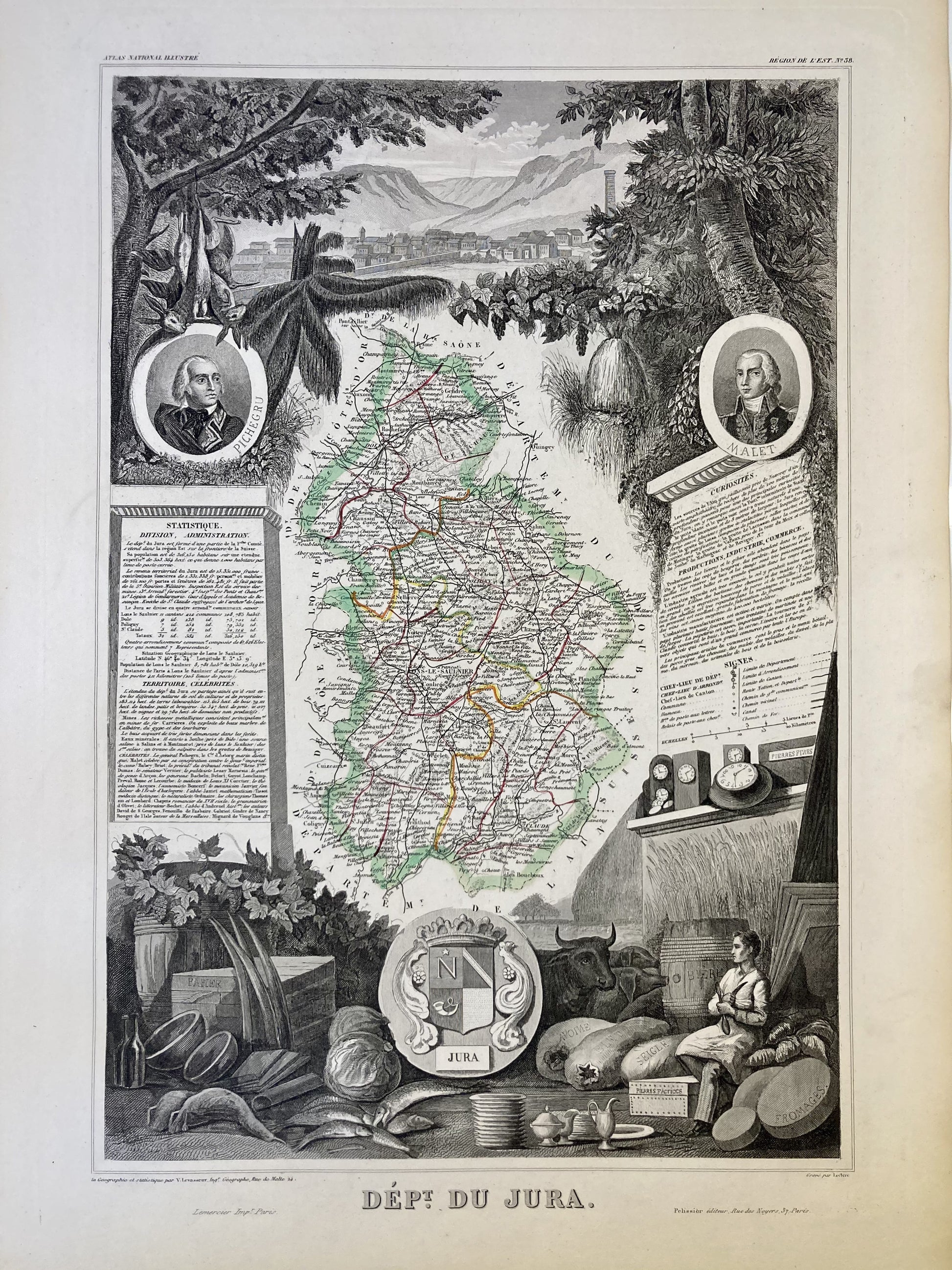 Carte ancienne illustrée du Jura