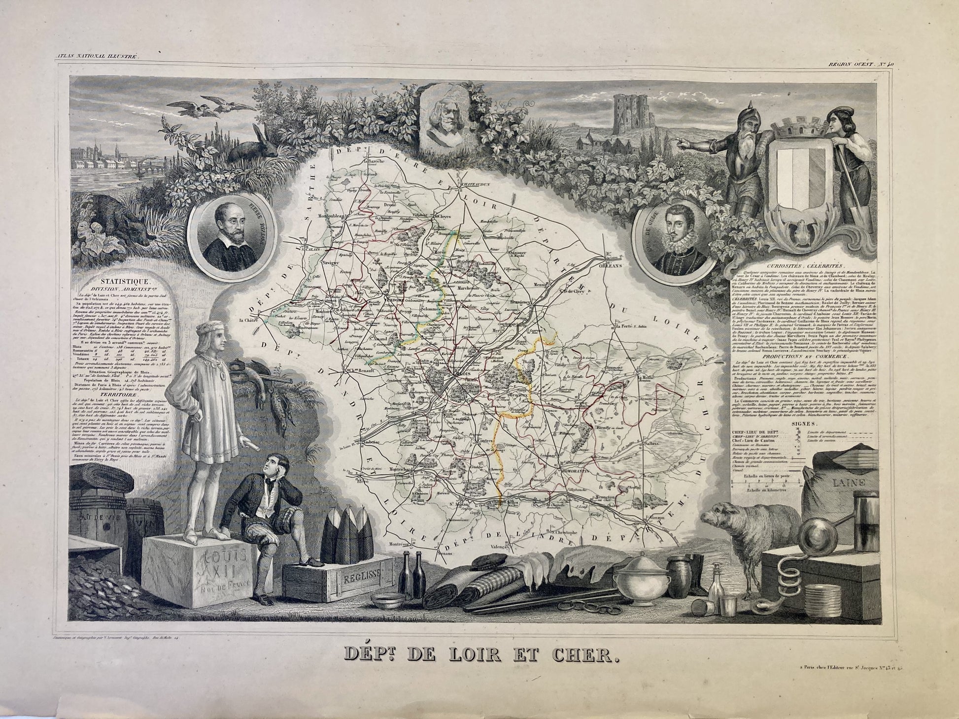 Carte ancienne illustrée du Loir-et-Cher