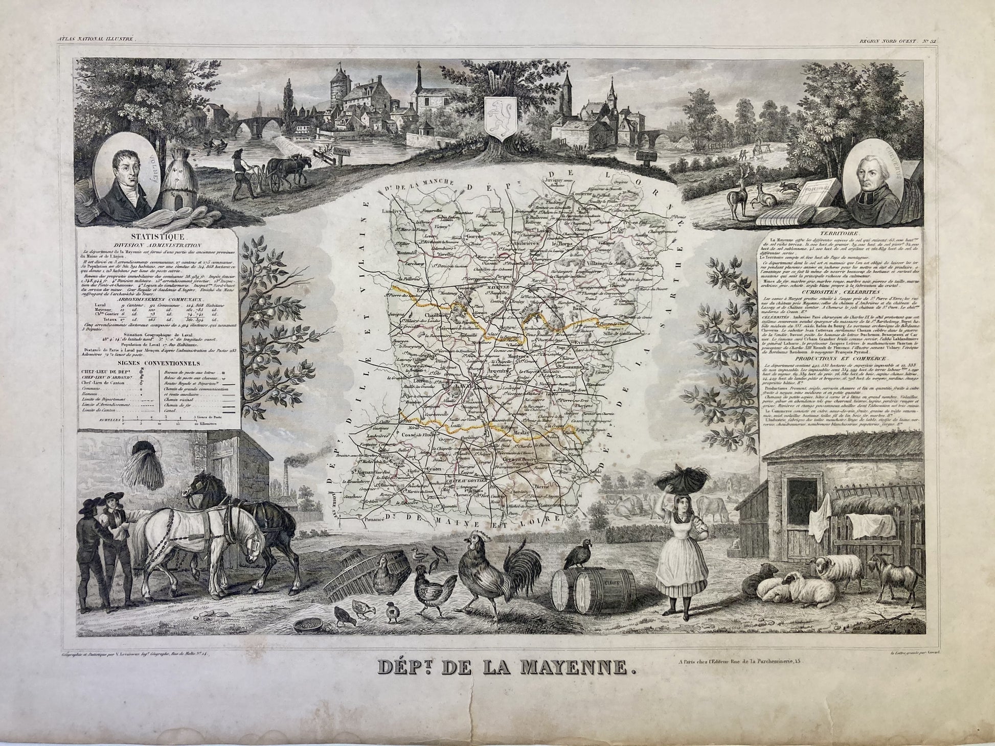 Carte ancienne illustrée de la Mayenne