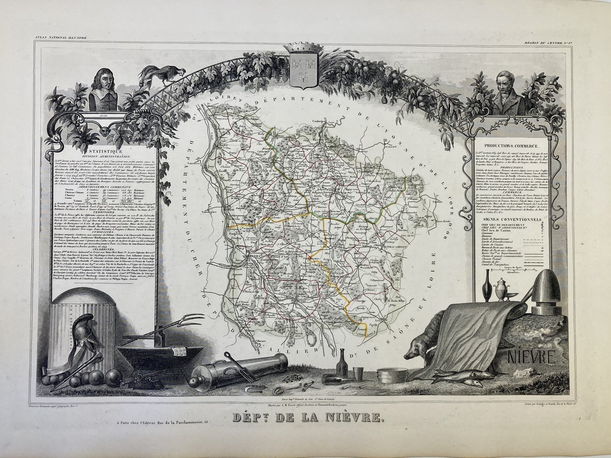 Carte ancienne illustrée de la Nièvre