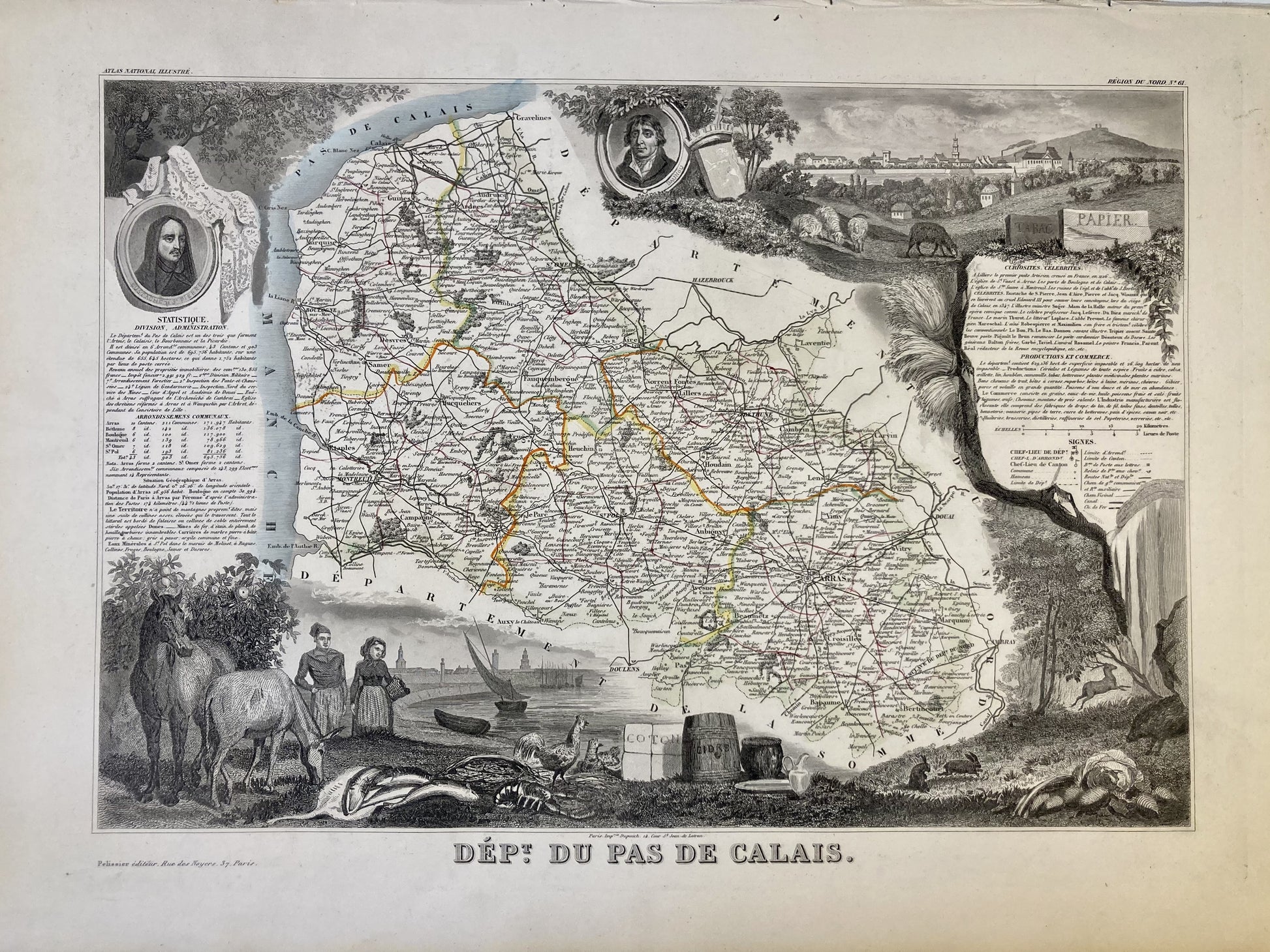 Détail de la carte ancienne illustrée du Pas-de-Calais