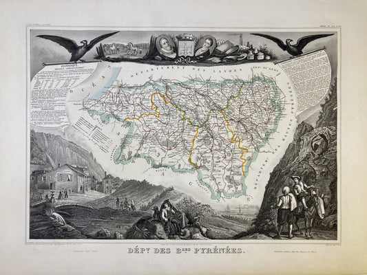 Carte ancienne illustrée des Pyrénées-Atlantiques