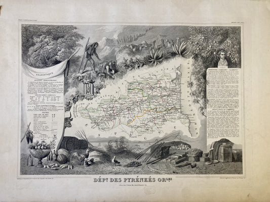 Carte ancienne illustrée des Pyrénées-Orientales