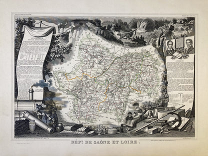 Carte ancienne illustrée de la Saône-et-Loire