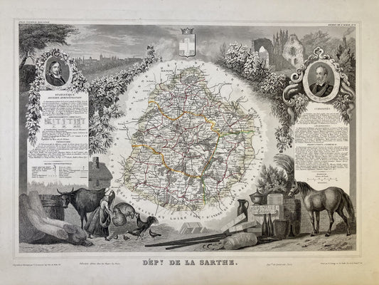 Carte ancienne illustrée de la Sarthe