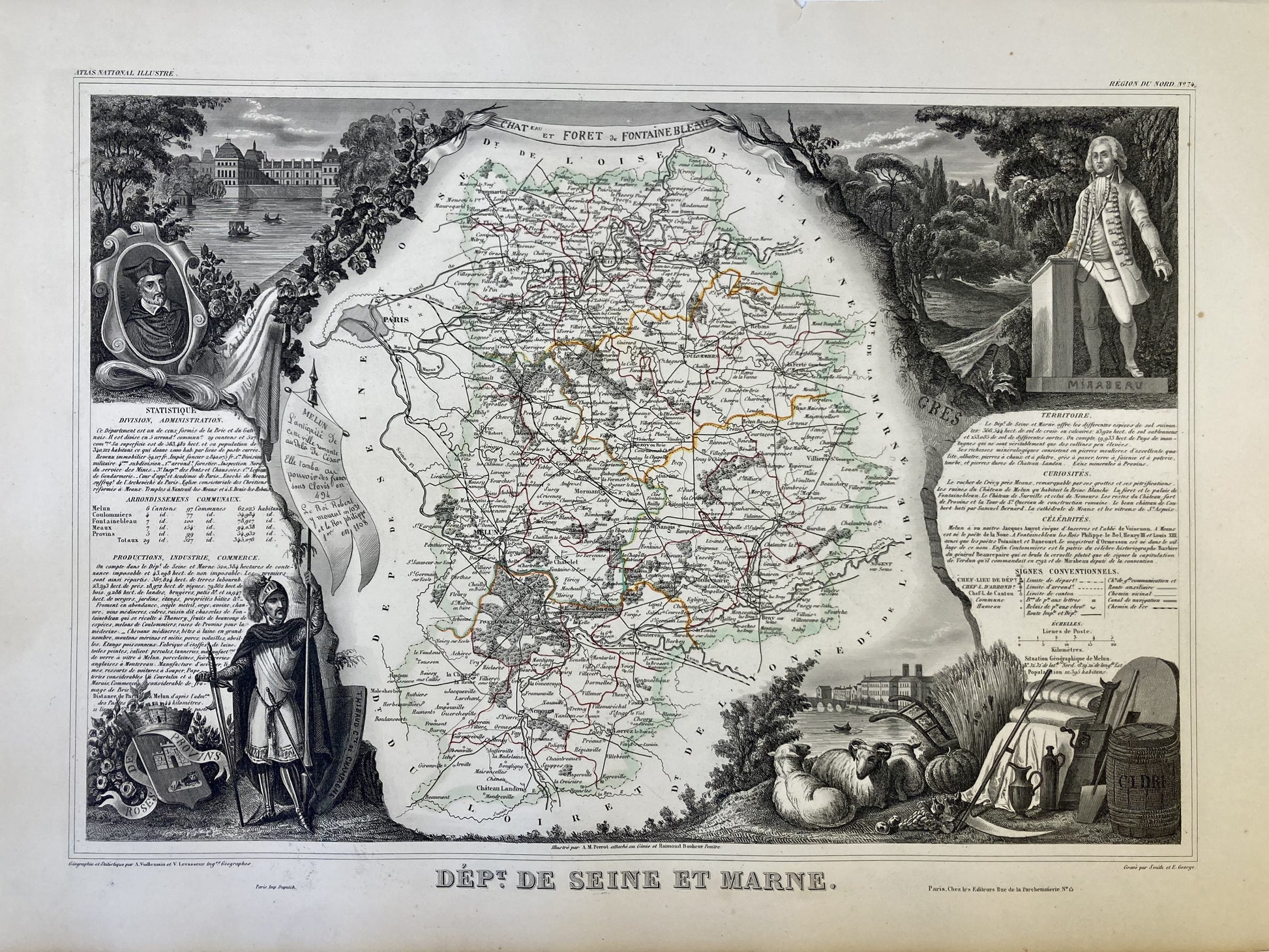 Carte ancienne illustrée de la Seine-et-Marne
