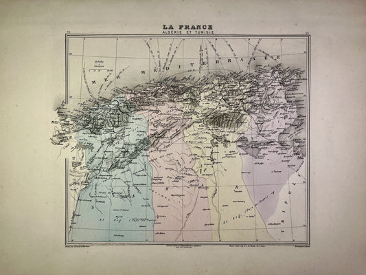 Carte ancienne de l'Algérie et la Tunisie colorée