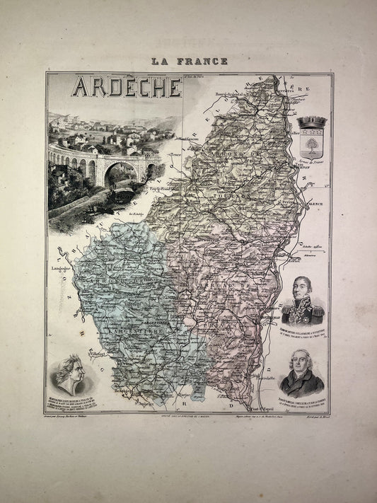 Carte ancienne de l'Ardèche illustrée