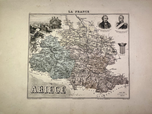 Carte ancienne de l'Ariège illustrée
