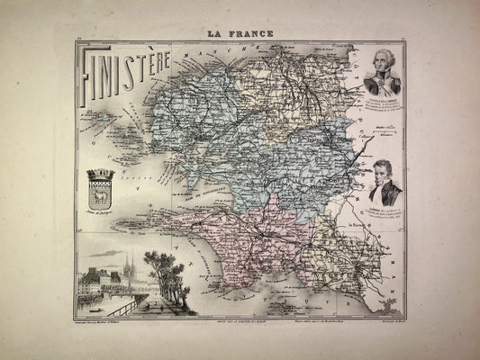 Carte ancienne du Finistère illustrée