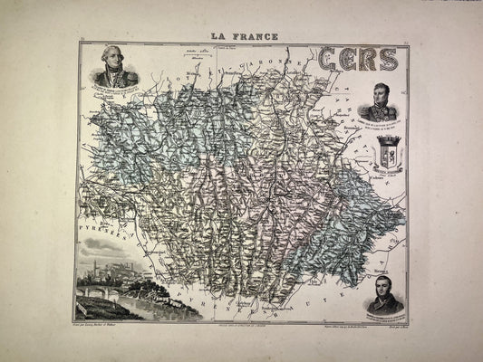 Carte ancienne du Gers illustrée