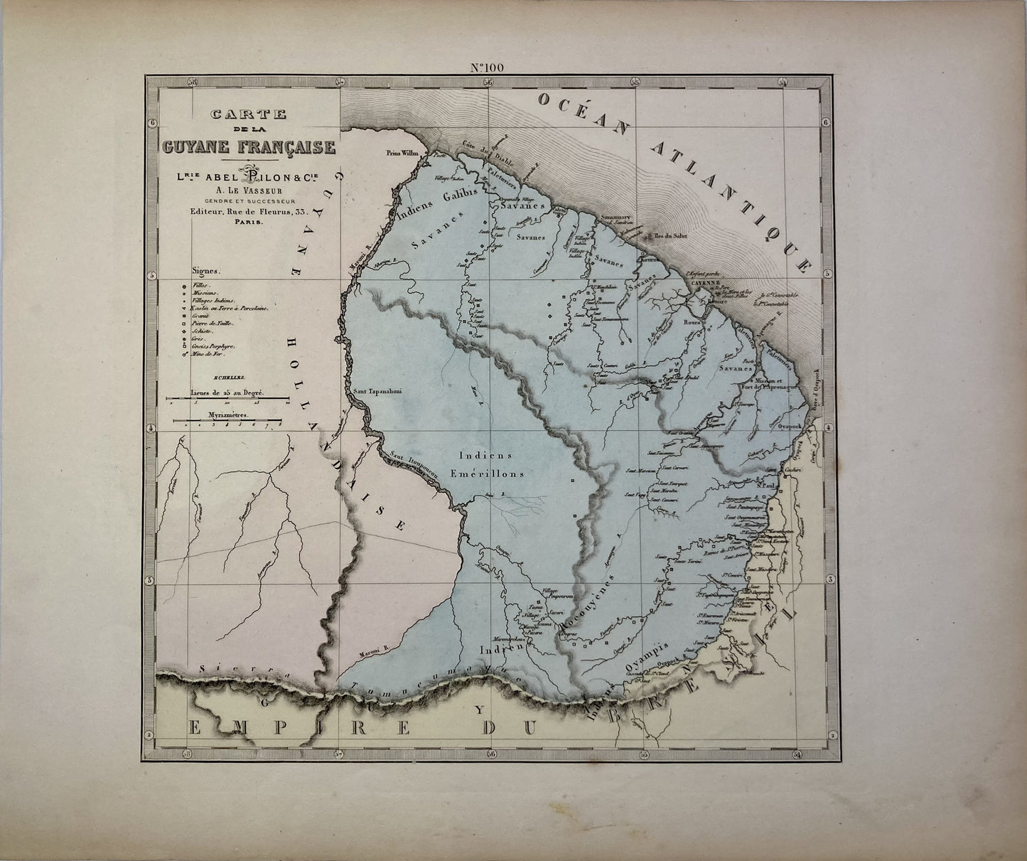 Carte ancienne de la Guyane par Abel-Pilon