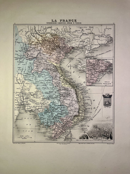Old map of Indochina by A. Vuillemin