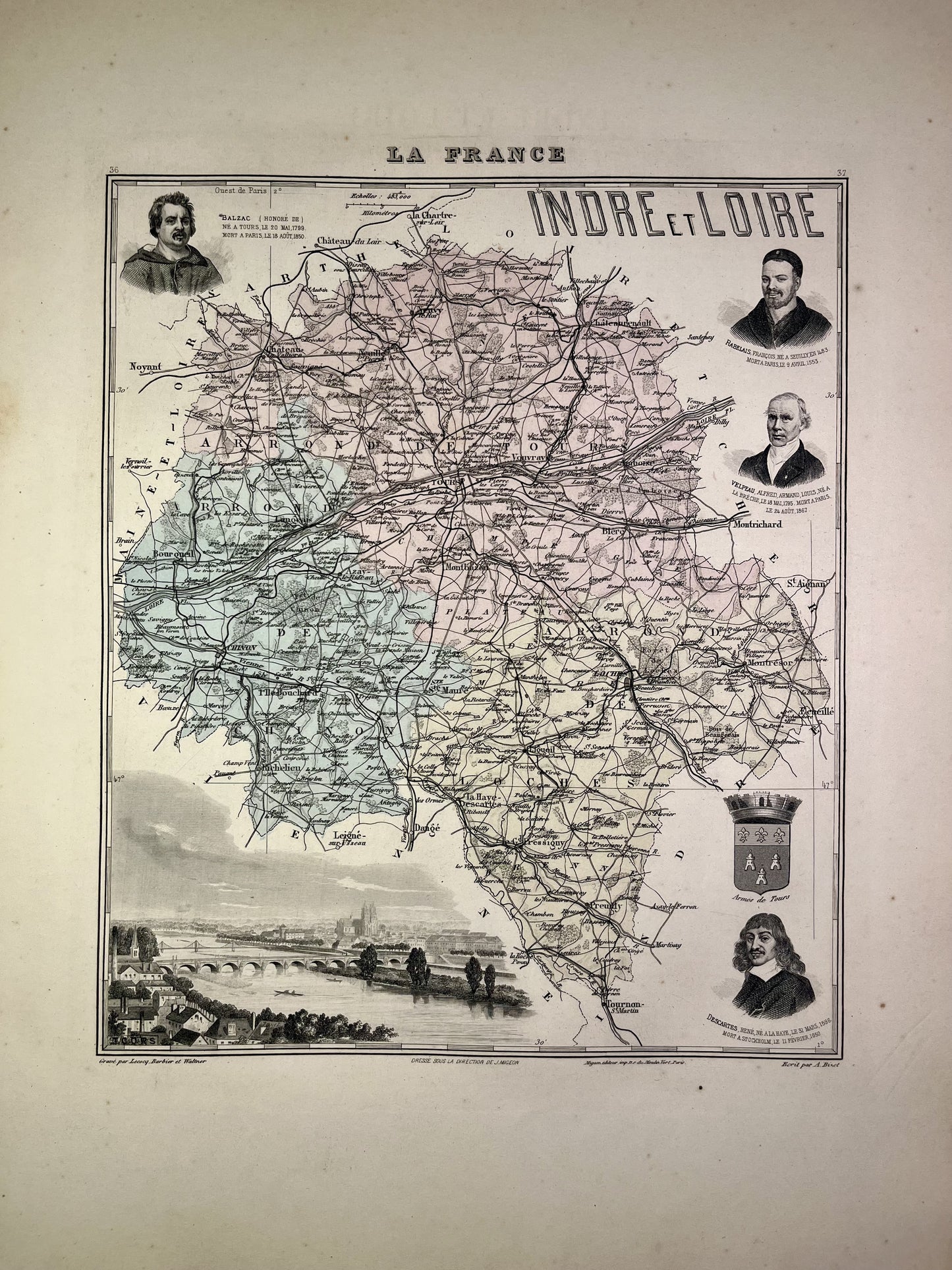 Carte ancienne de l'Indre-et-Loire illustrée