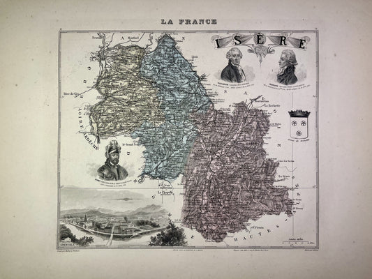 Carte ancienne de l'Isère illustrée