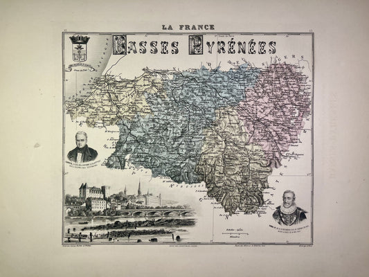 Carte ancienne des Pyrénées-Atlantiques illustrée