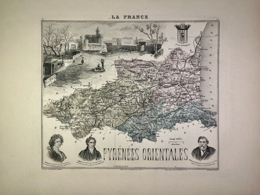 Carte ancienne des Pyrénées-Orientales illustrée