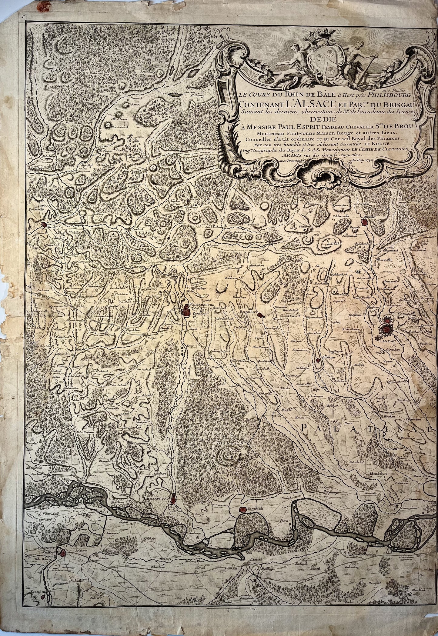 Antique map of the course of the Rhine from Basel to Hert in five parts by GL. Le Rouge - 1745
