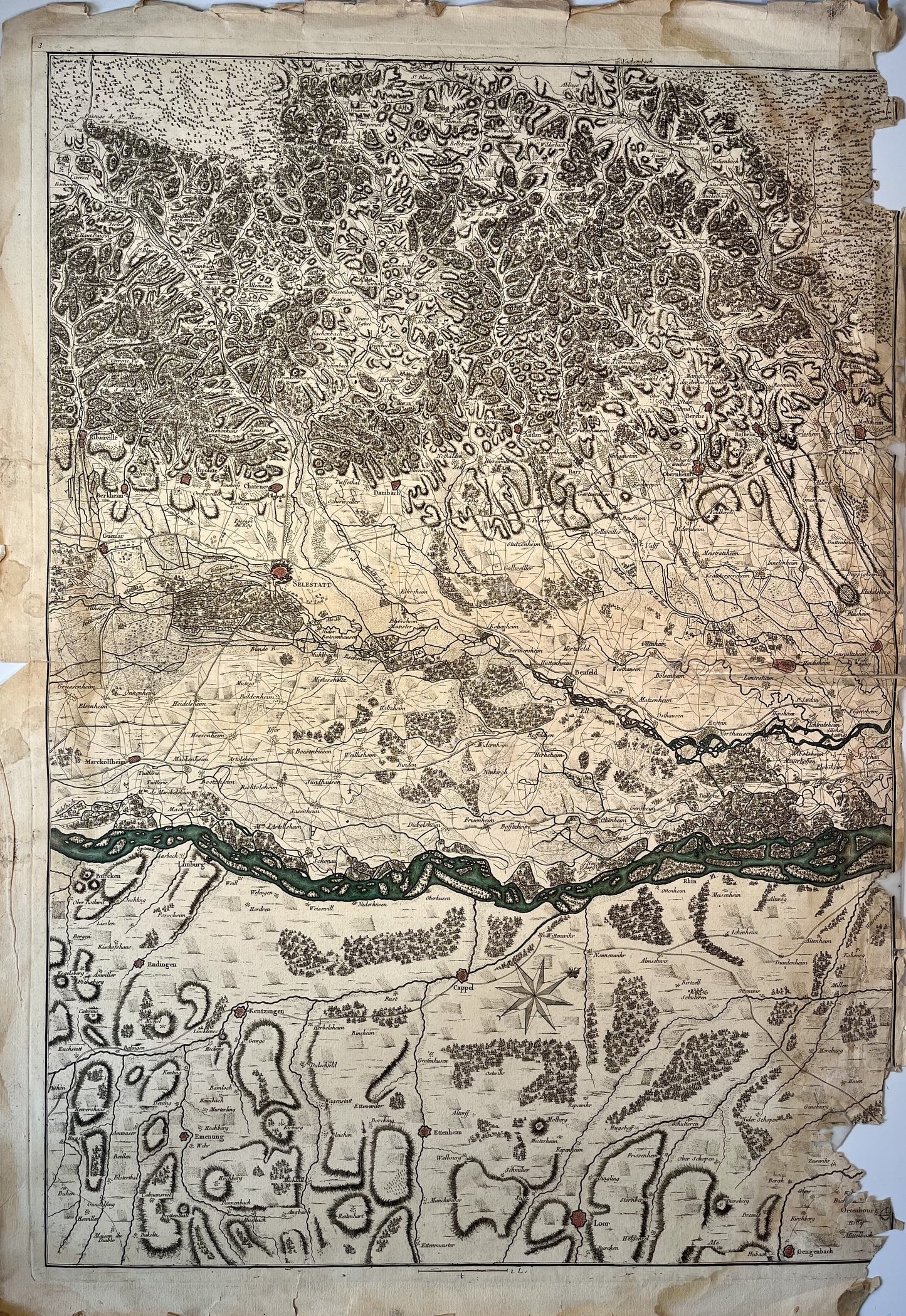 Carte ancienne du cours du Rhin de Bâle à Hert en cinq parties par G-L. Le Rouge - 1745