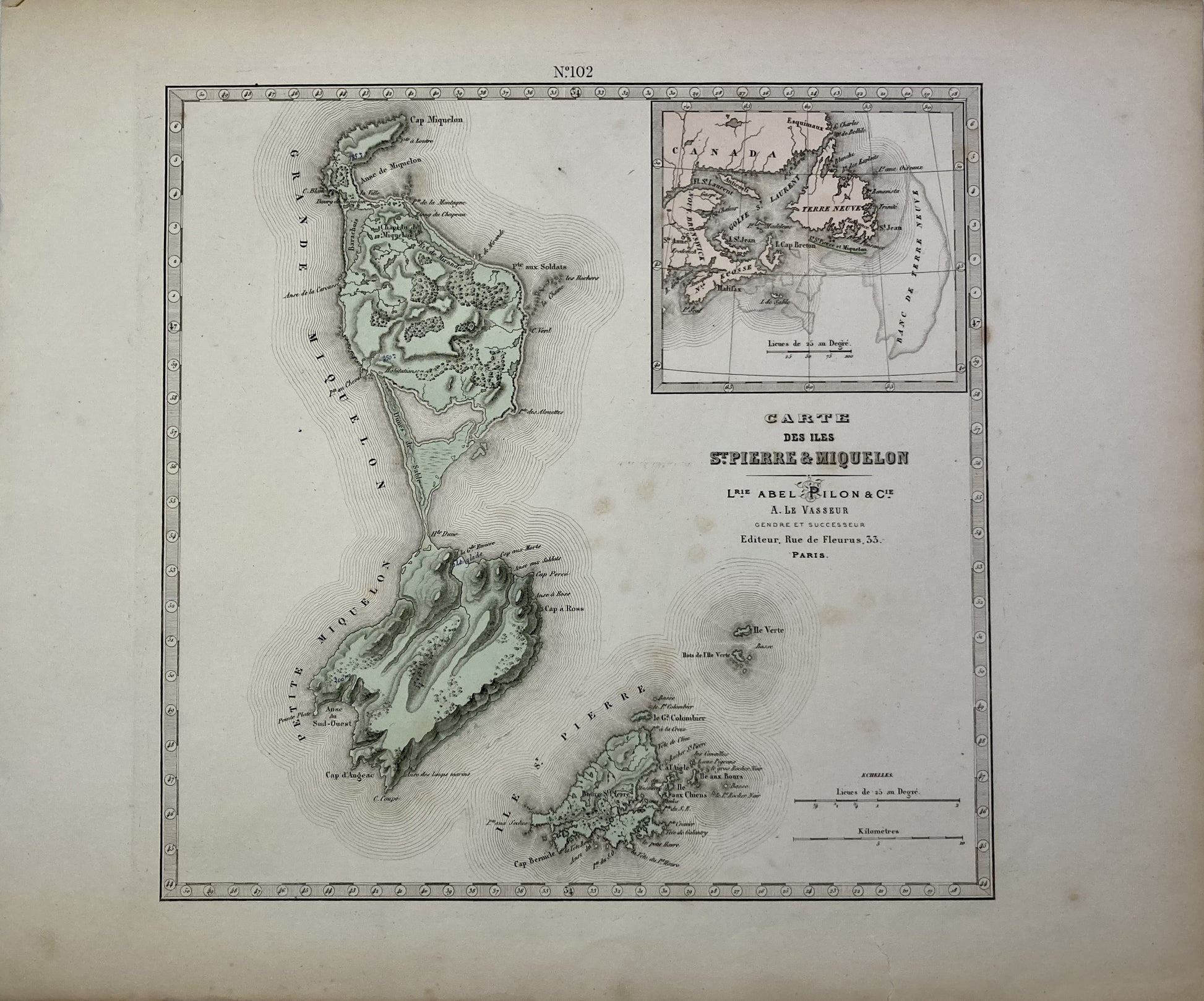 Carte ancienne des Îles Saint-Pierre-et-Miquelon par Abel-Pilon