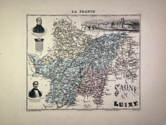 Carte ancienne de la Saône-et-Loire illustrée